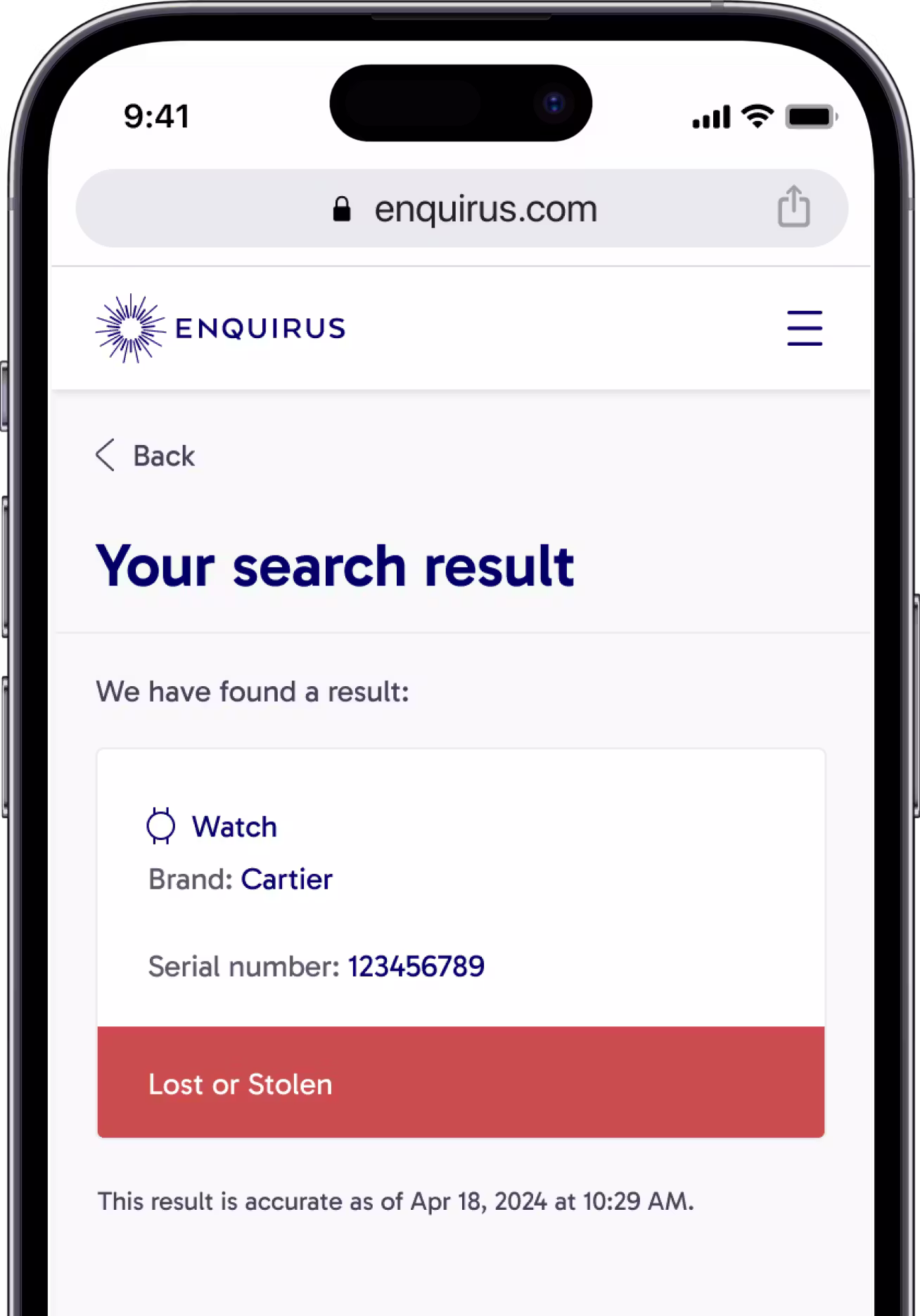 A smartphone displays an Enquirus search result for a "Lost or Stolen" Cartier watch.