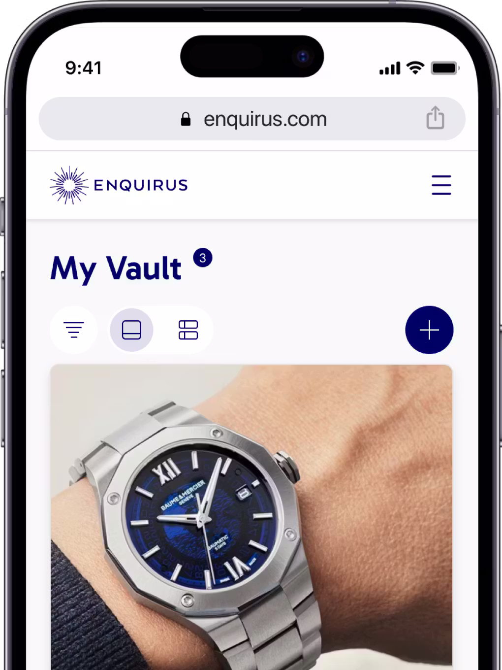 A smartphone displays the "Enquirus" website, showcasing a watch in "My Vault".